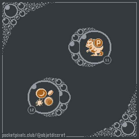 a pixel art illustration of the Plasma Beam item (a dinosaur-like creature with two horns holding a ball labeled 'P' on its back) from Super Metroid and a group of blood cells (a red blood cell, a white blood cell, an unactivated platelet, and an activated platelet)