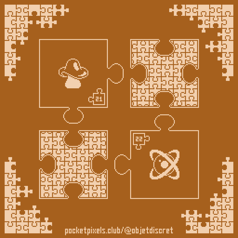 a pixel art illustration of a mushroom and an orb with two rings orbiting it perpendicular to each other