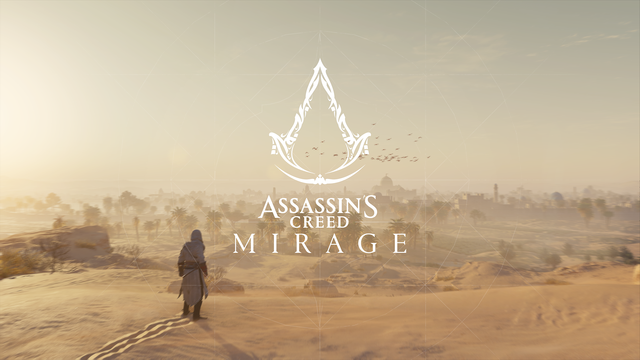 Assassin's Creed Mirage title. Basim in the desert.