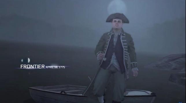 A man in colonial American garb getting out of a boat in the middle of the night. It says “Frontier, April 18, 1775”