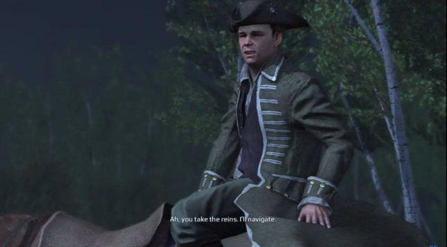 A man in colonial American garb on horseback, saying, “Ah, you take the reins, I’ll navigate.”