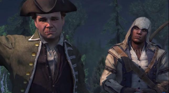 Two men, one dressed in American colonial clothes, and the other in an elaborate white robe with a hoodie with hunting gear strapped onto him