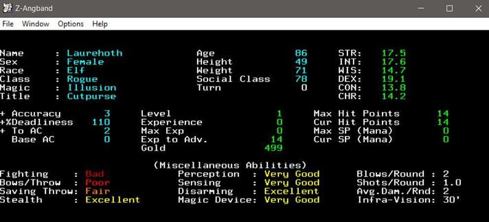 A screenshot of the starting character I randomly generated to use when testing a custom build of Z-Angband. Female elf rogue, illusion magic, etc.