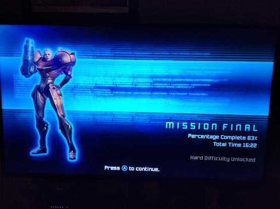 End game screen displaying Samus Aran in the classic Varia Suit minus her helmet, my Percent Complete at 83%, my Total Time at 16:22, and a notice that I've unlocked hard mode.