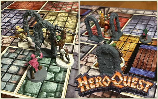 Two shots of the HeroQuest game in progress; the left picture shows an Elf fighting a goblin while the Dwarf (partially hidden behind doors) fights an Orc. Second shows Barbarian and Wizard also fighting goblins and orcs.
