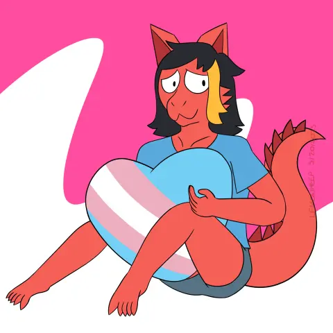 This is a digital artwork of Amber, a red dragon with a blue shirt and shorts by the artist FreonCat. She is holding a large heart that has stripes representing the trans pride flag (baby blue, pink, and white).