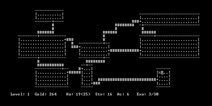 Original version of Rogue, plain black background with white ASCII text
