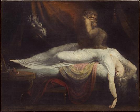 Henry Fuseli's 'The Nightmare'. A sleeping woman in a white dress is draped over a bed with a goblin-like creature squatting on her chest. In the background is the head of a grey horse with bulging eyes.