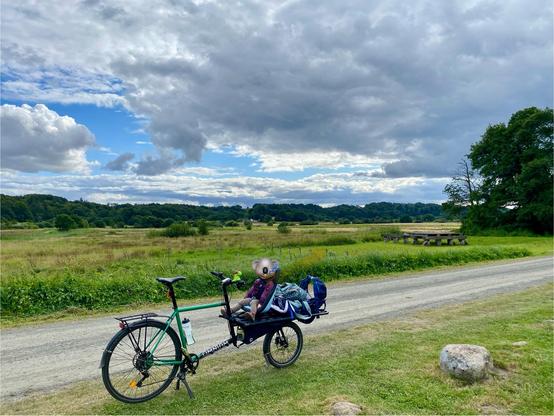 View of the site. Toddler on their bike in the front. Site of the bridge on the right