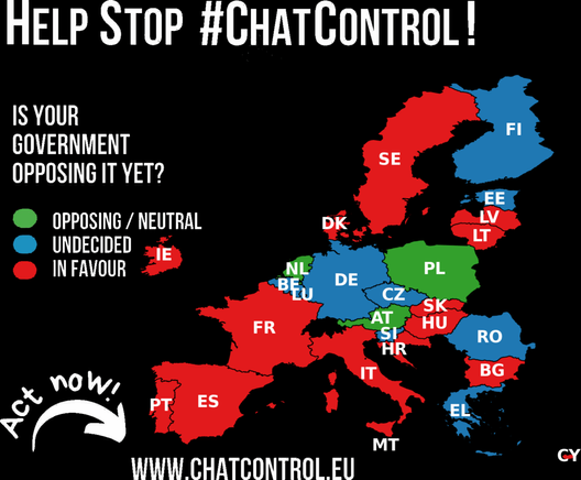 Help Stop #ChatControl
Carte d'Europe des pays opposés, neutres, ou en faveur.
www.chatcontrol.eu