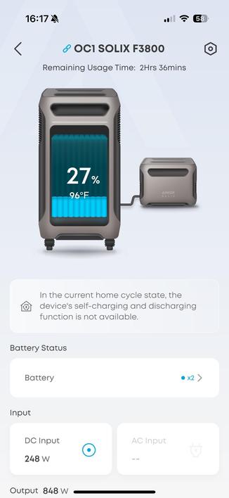 An interface displaying the Anker Solix F3800 device. It shows a battery status of 27% remaining usage time of 2 hours and 36 minutes, and a temperature of 96°F. Also includes DC input power details of 248W from the portable PV panel.