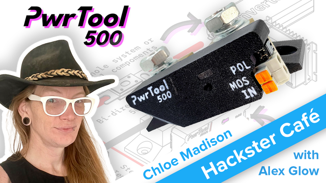 Thumbnail showing Chloe in a cowboy hat, plus a close-up of the device, overlaid on a diagram of the tech. Also Hackster Café branding, and “with Alex Glow”