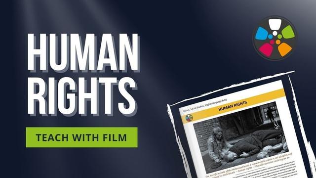 Over a dark background, text says: "Human Rights: Teach with Film." The Journeys in Film logo is in the top right corner. At the bottom there is the first page of the Human Rights Lesson from The Fast Runner Learning Guide.