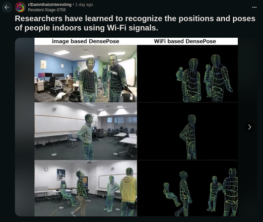 A side-by-side comparison of "image-based DensePose" and "WiFi-based DensePose" shows human poses detected in indoor environments.
Left column: standard images with 3D pose overlays from cameras.
Right column: equivalent pose reconstructions from only Wi-Fi signal data, accurately replicating people’s positions and movements in various rooms.