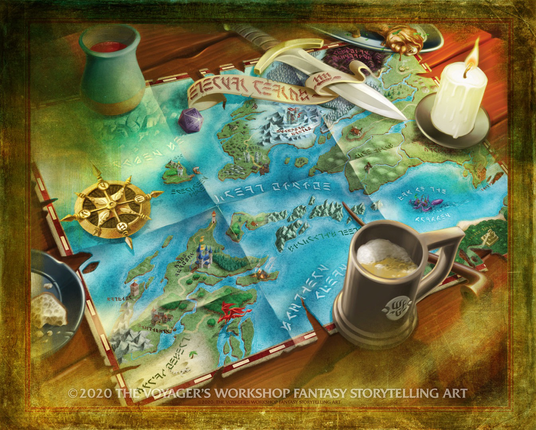 On a tavern table, several items can be seen such as tankards filled with ale, platters with cooked meats and bread, a candle, a dagger and a pipe But the real focus is on the map, as it is evocative of a sense of adventure, that is fulfilled when we roll dice and share storytelling moments.
