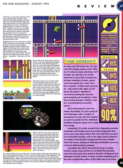 Page from the printed British game magazine The One, featuring a review of the 1992 Hoi Amiga game.