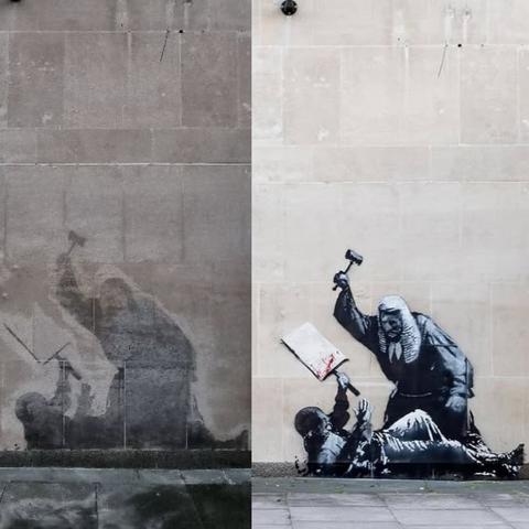 Side-by-side images of Banksy’s mural on the Royal Courts of Justice in London. On the left, the artwork appears faded and scrubbed, leaving only a ghostly outline of a judge raising a gavel over a protester holding a placard. On the right, the mural is fully visible in sharp black and white stencil, showing a judge in a traditional white wig and robes striking down at a protester who defends himself with a bloodied sign. The protester is laying on the ground, unarmed and already bloodied; the only color is the red on the sign and on the ground, below the protester's head, implying they're bleeding from a head injury.