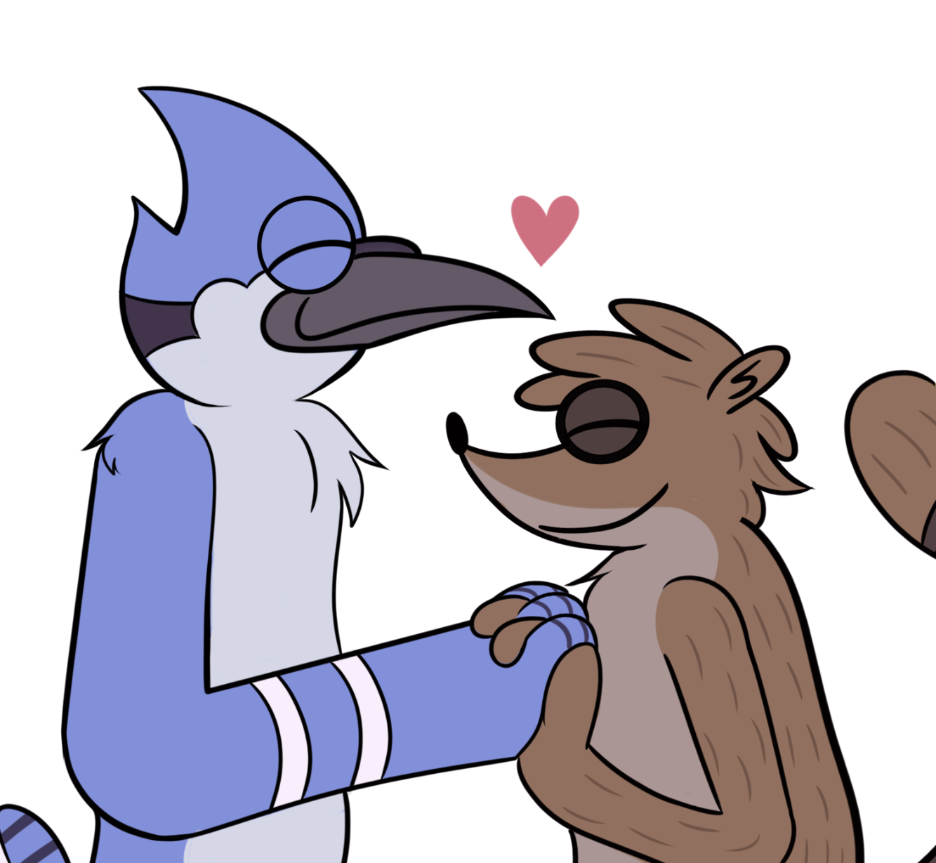Picture of mordecai and rigby from regular show holding hands.