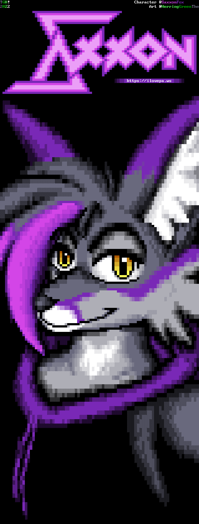 In a tall close-up, a grey fox with purple markings looks toward you with golden eyes, dressed in a black, sleeveless shirt with a purple hood. The name "Saxxon" is drawn in a stylized font with the url "https://ilovepa.ws" written below it. It is signed "TGH! 2022".