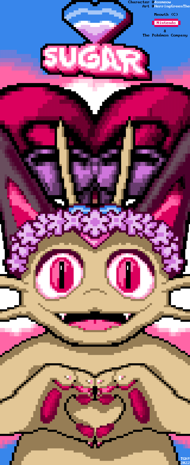 A Meowth from Pokemon is wearing a crown of flowers and making a heart gesture with both hands. Their eyes and pads are a dark pink. Instead of a coin on their forehead, they have a heart jewel which fades from blue to pink. Behind them, their tail is raised, double-tipped to form a heart shape, and has a pink bow tied around it. Above them is the name "SUGAR" under an image of that heart jewel.