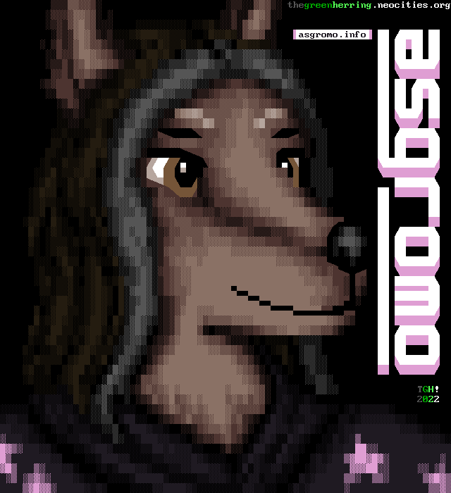 A smiling brown dog woman wearing a dark purple hoodie with bright stars on it, next to a fancy logo that reads "asgromo" with a link to "asgromo.info".