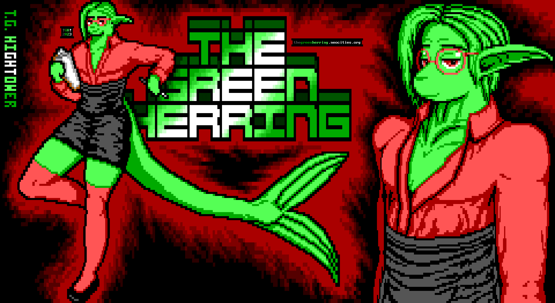 A bright-green fishperson with a masculine body type leans on the name "The Green Herring"; clad in round red glasses, in a red blouse, black high-waisted pencil skirt, thigh-high red stockings and little black shoes; while carrying a clipboard and a pen.