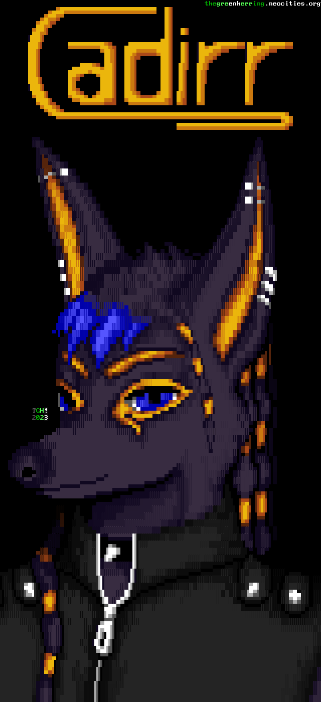 A portrait of a masculine jackal man styled after Anubis, with black fur, and long, pointed, upright ears with gold interiors. He has long hair braided with golden jewels and bangs dyed a bright blue. He wears three earrings both ears, a single industrial piercing on his right ear, and two industrial piercings on his left. His eyes are blue with gold eyebrows and golden makeup based on the Eye of Horus. He wears a spiked collar and a tight vinyl shirt with a silver zipper and a tall collar.