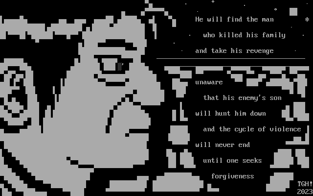 A close-up of a man's face in front of a cobblestone wall as he looks off at something out of view, with a free verse poem nearby that reads: "He will find the man / who killed his family / and take his revenge / / unaware / that his enemy's son / will hunt him down / and the cycle of violence / will never end / until one seeks / forgiveness"