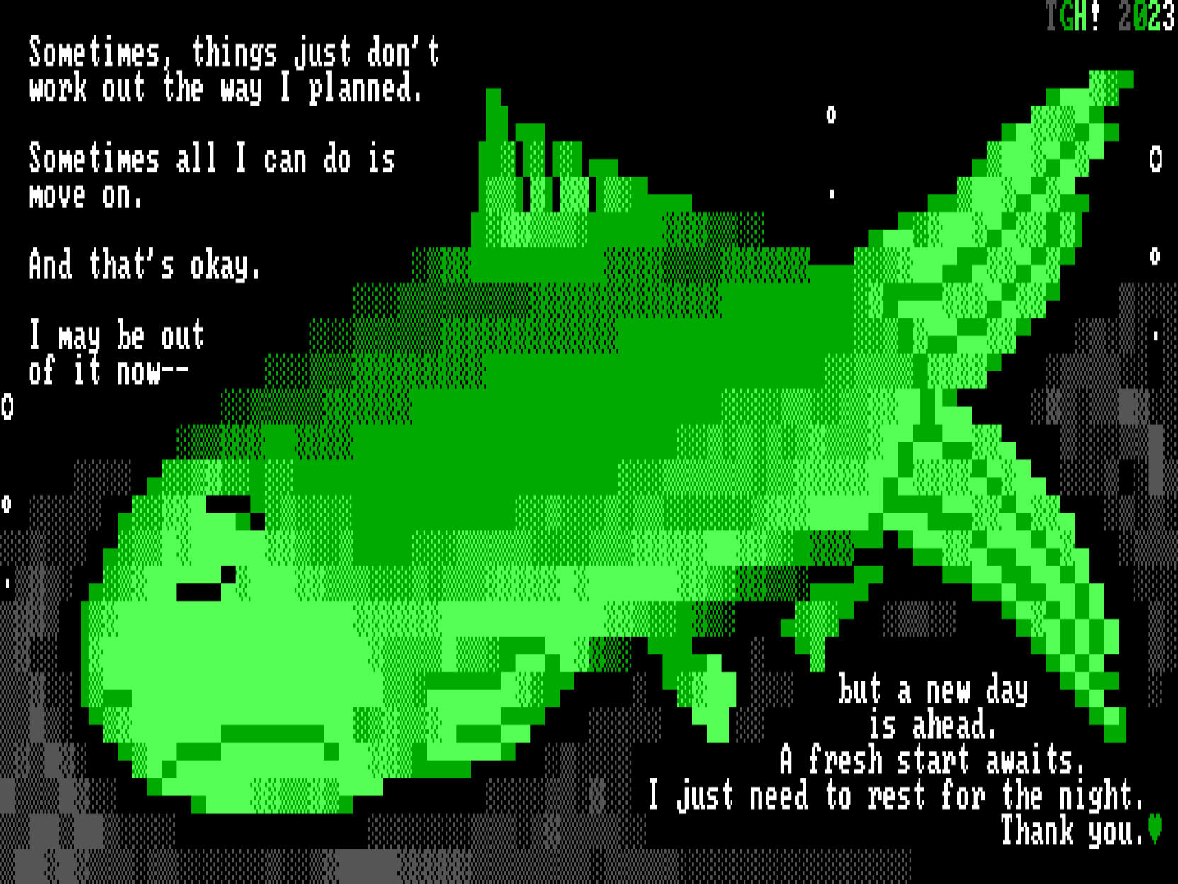A green herring sleeps on the sea floor surrounded by text: Sometimes, things just don't work out the way I planned. Sometimes all I can do is move on. And that's okay. I may be out of it now-- but a new day is ahead. A fresh start awaits. I just need to rest for the night. Thank you. 💚