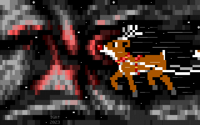 Rudolph the Red-Nosed Reindeer flies through the clouds in the night sky, lighting the way for Santa Claus' sleigh with his glowing red nose, while the clouds form the outline of the number 24.