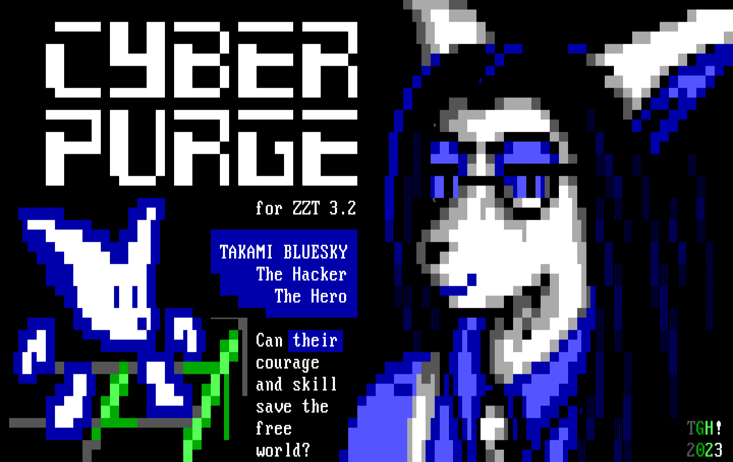 Below a techno logo reading "CYBER PURGE", subtitled "for ZZT 3.2", a white cartoon fennec fox with a dark-blue aura stands on a green wireframe grid cliff with disembodied hands and feet. Nearby, the portrait of a white fennec fox person with long, dark blue hair and the interior of their ears colored blue looks at the viewer with dark-blue eyes and a smile with dark-blue lips. They are wearing eyeshadow, glasses, a blue collared shirt, and a white tie and white suspenders. They are identified as "Takami Bluesky; The Hacker; The Hero", with a message reading, "Can their courage and skill save the free world?"