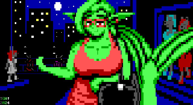 A green fishwoman with a black handbag and glasses in a red dress on a night out in a busy city, encouraging you to come along with her.
