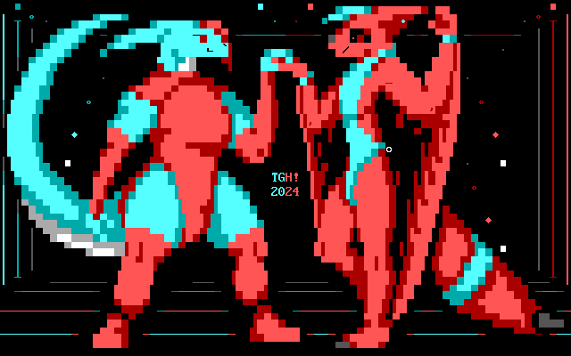 A male alien dinosaur, cyan and white and dressed in a red bodysuit, long gloves and thigh-highs, takes the hand of a male alien flying squirrel with a thick, spiked tail, bright red and dressed in a cyan bodysuit, and are about to dance happily together in a room with cyan and red colored lights shining everywhere.