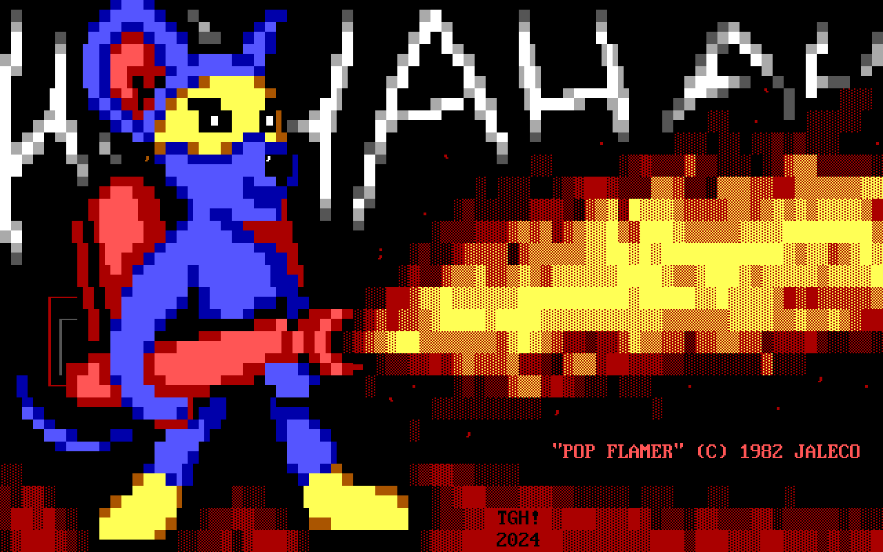 A blue mouse with a yellow mask and yellow boots blasts a red flamethrower while laughing maniacally.