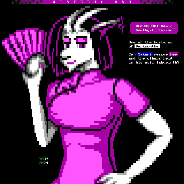 A horned goat woman with magenta eye shadow, short black hair with a magenta tinge, and a long tail that has a purple tuft at the end stands with her hand on a hip and holding a paper fan. She is dressed in a magenta qipao.