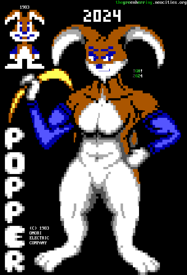 A muscular brown and white rabbit man with floppy ears and humanoid legs, wearing blue sleeves, stands with a hand on one hip and the other hand carrying a yellow boomerang. Text in the lower left reads "Popper, copyright 1983 Omori Electric Company". In one corner is a low-resolution cartoon version of him labeled "1983", while he is labeled "2024".