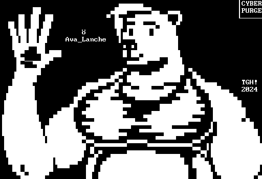 A monochrome portrait of a big, heavyset polar bear woman with a long tuft of hair waving to the viewer while dressed in a sports bra. She is labeled "Ava_Lanche".