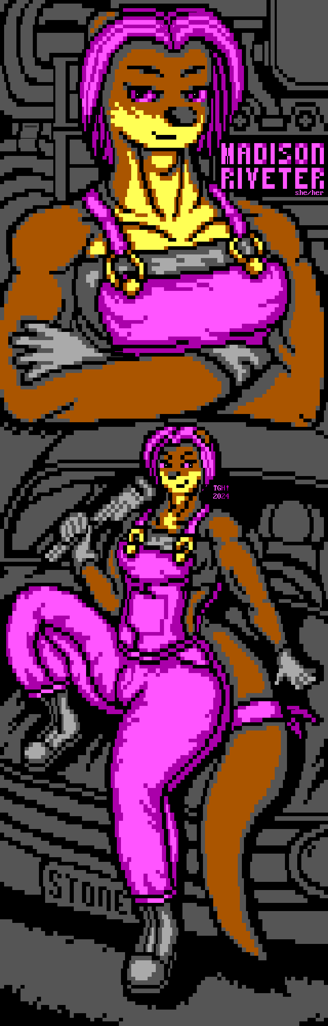 A smiling, muscular, magenta-eyed river otter woman with neck-length magenta hair parted in the middle and a thick laryngeal prominence sits on the hood of a sedan while holding a large wrench and resting it on her shoulder. She is wearing a black crop top and work boots under tight-fitting magenta overalls with a visible bulge, a pair of black gloves, and a magenta bandanna tied around her tail. Above her is a bust portrait of this same woman crossing her arms in front of an abstract representation of an EV engine, next to the label "Madison Riveter (she/her)".