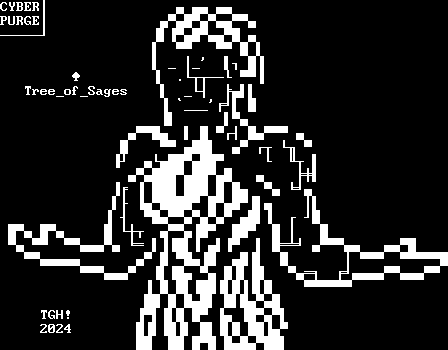 A monochrome waist-up image of an athletic tree woman made of living wood with leaves for hair and a leaf dress. She holds her arms out to the sides as if shrugging. She is labeled "Tree_of_Sages".