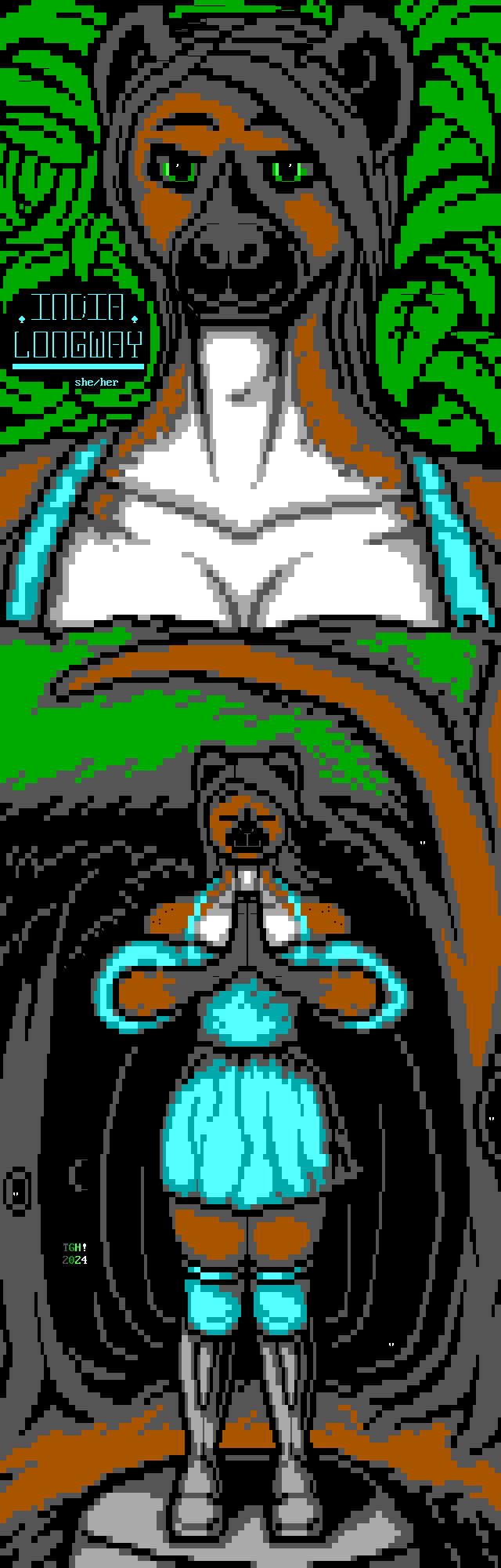 A spotted hyena woman with long hair, a short cyan dress with blue shoulder straps and puffy sleeves, and long boots with thigh-high cyan socks stands on a rock in the middle of a forested public park and smiles with her hands pressed together in prayer. Above this image is a shoulders-up portrait of this woman smiling with her green eyes open and a laryngeal prominence, over a background of green leaves. She is labeled "India Longway (she/her)".