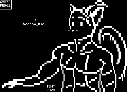 A monochrome waist-up portrait of a blob creature shaped like a humanoid cat man with a tree branch sticking out of his head. His body is translucent and allows you to see the curve of his back as well as the base of his tail. He is labeled "Wooden_Nick".