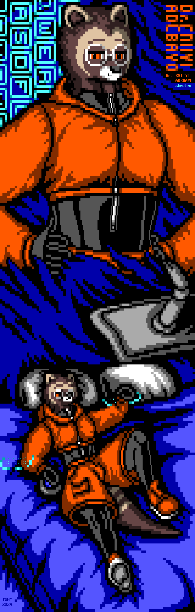 A slender African civet woman with orange eyes and round silver glasses relaxes in bed while clad in a tight black undersuit with a front zipper, over which she wears a loose cropped orange hoodie, orange cargo shorts that are loose in the legs but tight everywhere else to the extent her bulge is visible, and orange high-top sneakers with white soles. She is looking up at a ceiling-mounted computer screen while using the left half of a split holographic keyboard with her left hand and a trackball with her right hand. Above this is a waist-up portrait of the same woman standing arms akimbo over an abstract blue background with an image of a holographic keyboard in the corner. She is labeled "Dr. Eniiyi Adebayo (she/her)".
