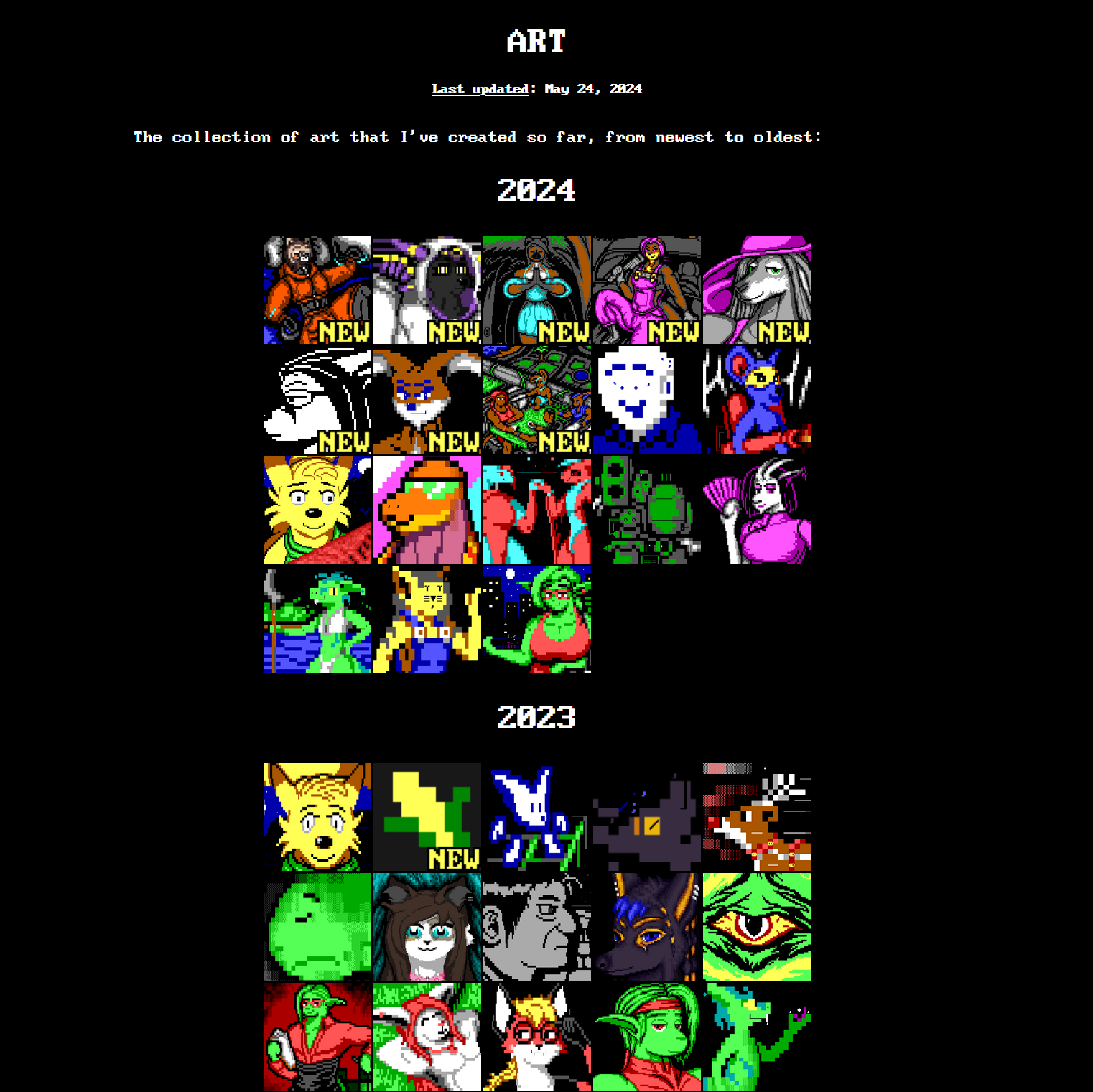 A gallery of art thumbnails at The Green Herring's website, with several portraits marked as "NEW", as well as a picture of an ear of corn.