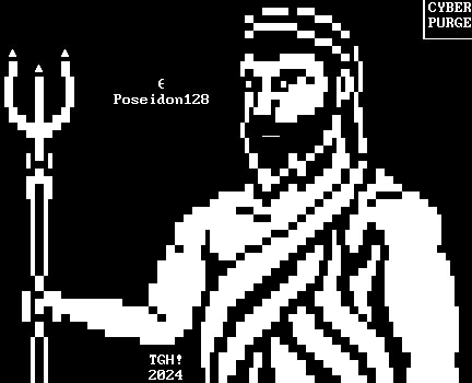 A monochrome waist-up portrait of an ancient Greek man with a crown, a long beard, and a toga holding a trident. His eyes are inverted in color, with dark sclerae and bright irises, and he has a stern expression on his face. He is labeled "Poseidon128."