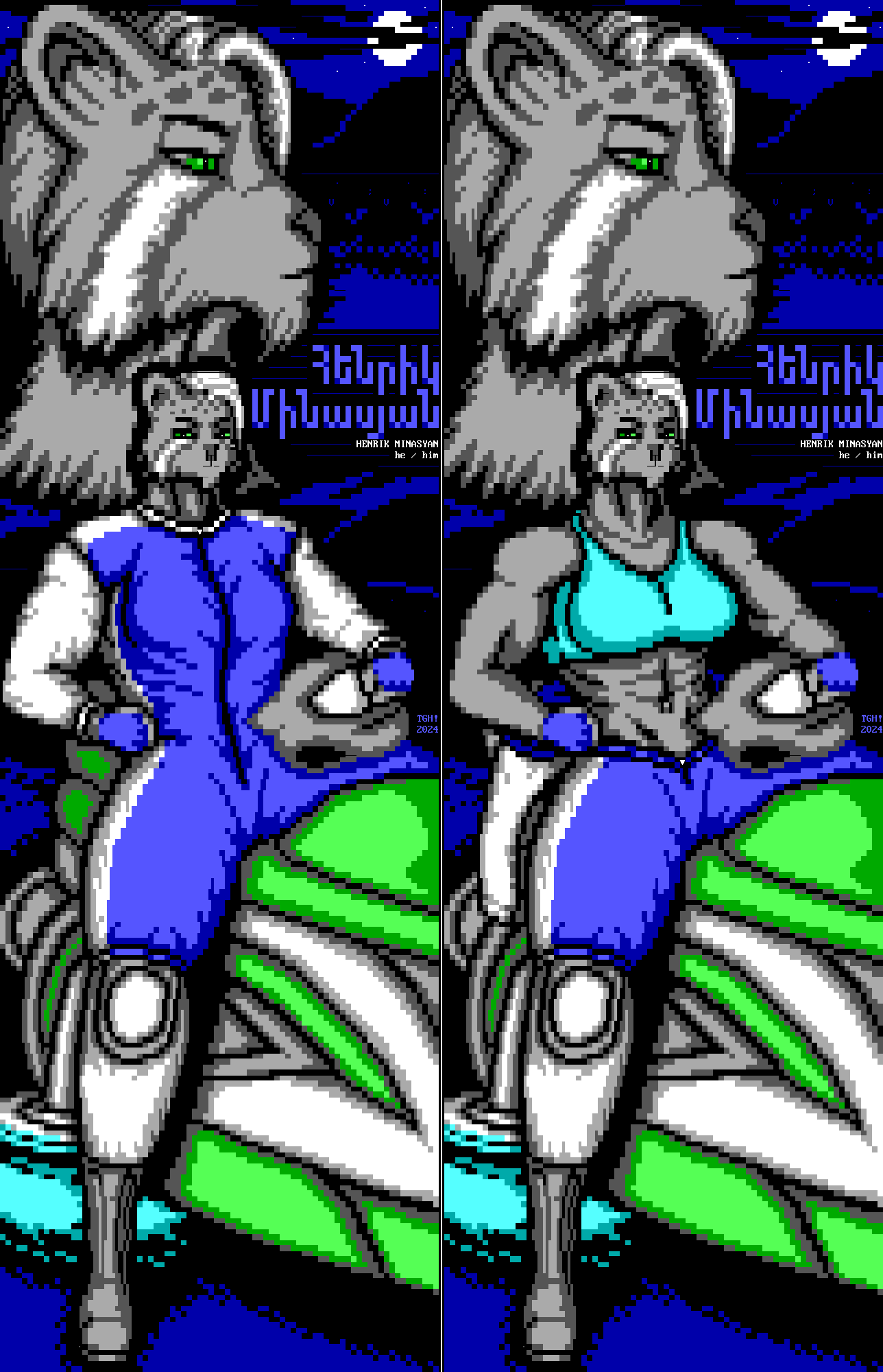 Two variants of one image: A muscular manul man with short beard and a white mohawk falling to one side sits on a white and green motorcycle on a road at night while clad in a white and blue racing suit with faux leather boots and blue fingerless gloves. The first variant of this image shows him with his racing suit closed. The second variant shows him with his racing suit open halfway to reveal his muscular arms and abs, and a cyan sports bra covering his heavy bosom. He carries a steel racing helmet with protrusions to fit his ears, and is resting it in his lap. Only the back and side of the motorcycle is visible, and in place of the wheel is an active hoverpad that keeps the vehicle above the ground. Above him, a side-view portrait shows the manul looking down the road; behind him, we see mountains and a full moon partially obscured by clouds. In the center and to the side is the label "Henrik Minasyan, he/him", with his name written above it in blue using Armenian script.