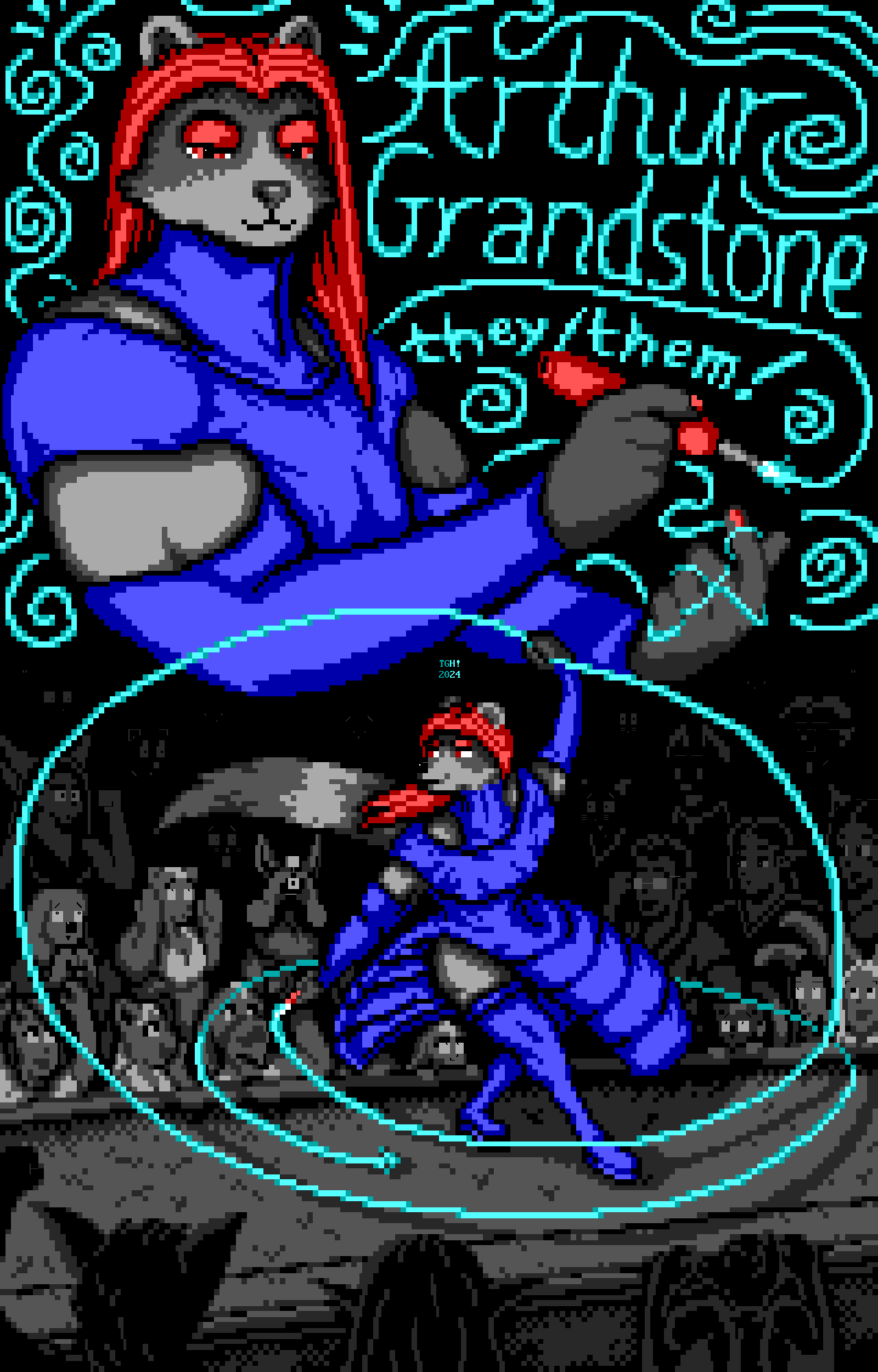 A smiling, non-binary raccoon person with a muscular masculine body, long red hair, red eyes and bright red eyeshadow dances on a stage surrounded by a packed and engaged audience. As they dance, the raccoon is drawing glowing cyan lines in the air with a pen and pulling one down with their free hand. They are dressed in blue, wearing a leotard, long gloves, thigh-high boots, and a ruffled side-slit dress with a skirt that flows with their movement. Above this display is a bust portrait of the raccoon, who has used the pen to draw elaborate patterns of curved lines and spirals, write the name "Arthur Grandstone", and the pronouns "they/them!". They smile at the viewer while holding the still-active pen in front of them, with a cyan line entangled in their other hand.