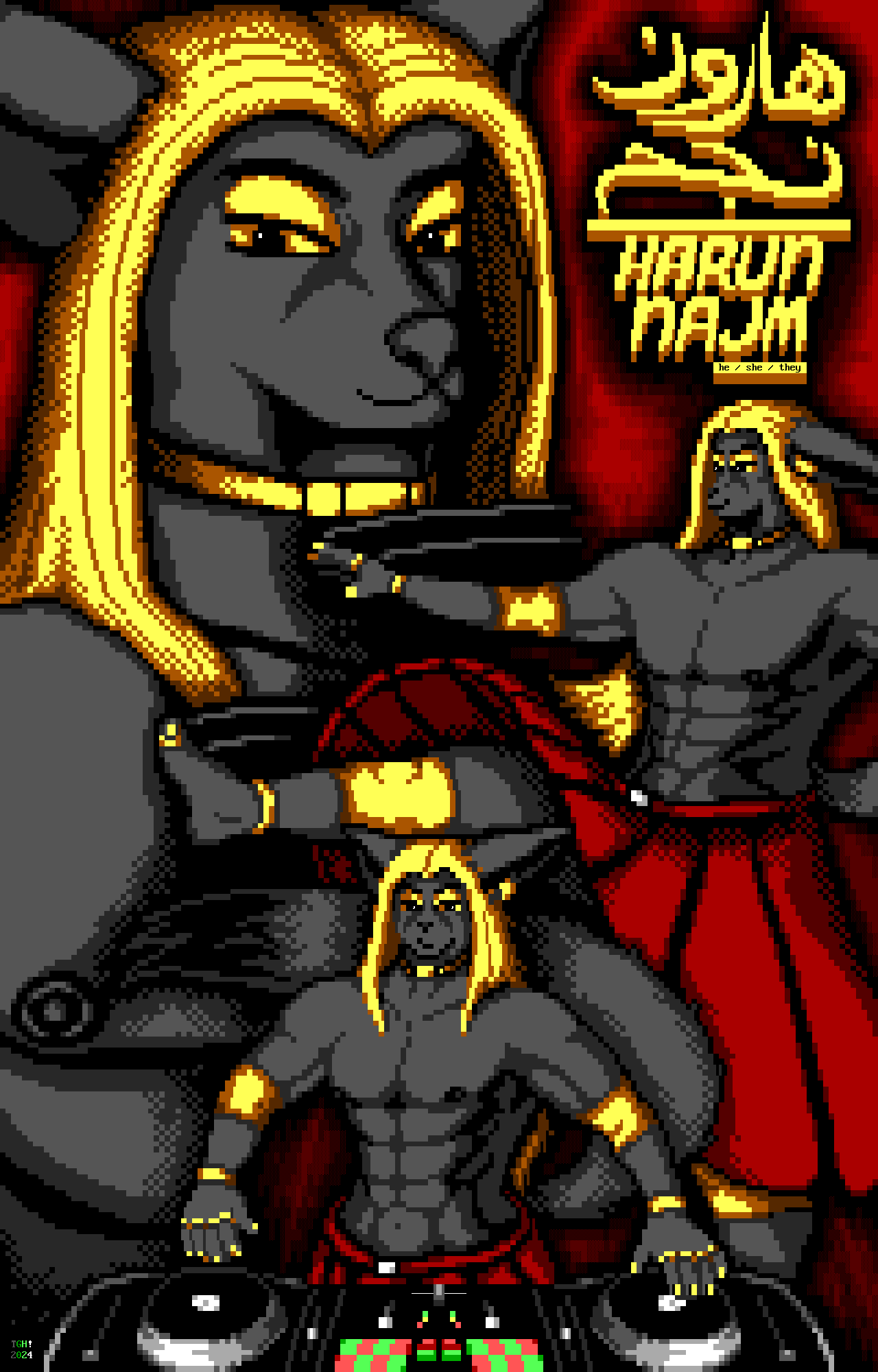 A black-furred fennec fox with long blond hair and an extremely muscular masculine body smiles as he uses a DJ controller. They are wearing a choker, elbow sleeves, bracelets, an earring on their left ear, and rings on every finger, all of them gold, along with a deep red kilt. They look on at the viewer with golden eyes and eyeshadow as their long tail swishes behind them. Above them and to the side, another version of the fox is dancing, swinging their right arm and leg while their kilt lifts with their movement, revealing their gold knee sleeves, gold anklets and golden toe rings. Above that figure and to the other side, a portrait of the fox appears, showing the details of their vulpine face. Next to the portrait is the name "Harun Najm", written in gold in both Arabic and Latin scripts, along with the pronouns "he/she/they".