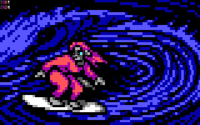 A raccoon woman in wetsuit rides a crashing wave on a surfboard at night, her long hair and tail blowing in the wind.
