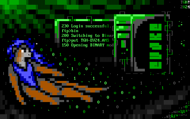 An otter woman with long hair in a one-piece swimsuit, transmitted by a giant PC tower via FTP, swims through a digital ocean while surrounded by a cloud of binary, with sunlight breaking in from the surface.
