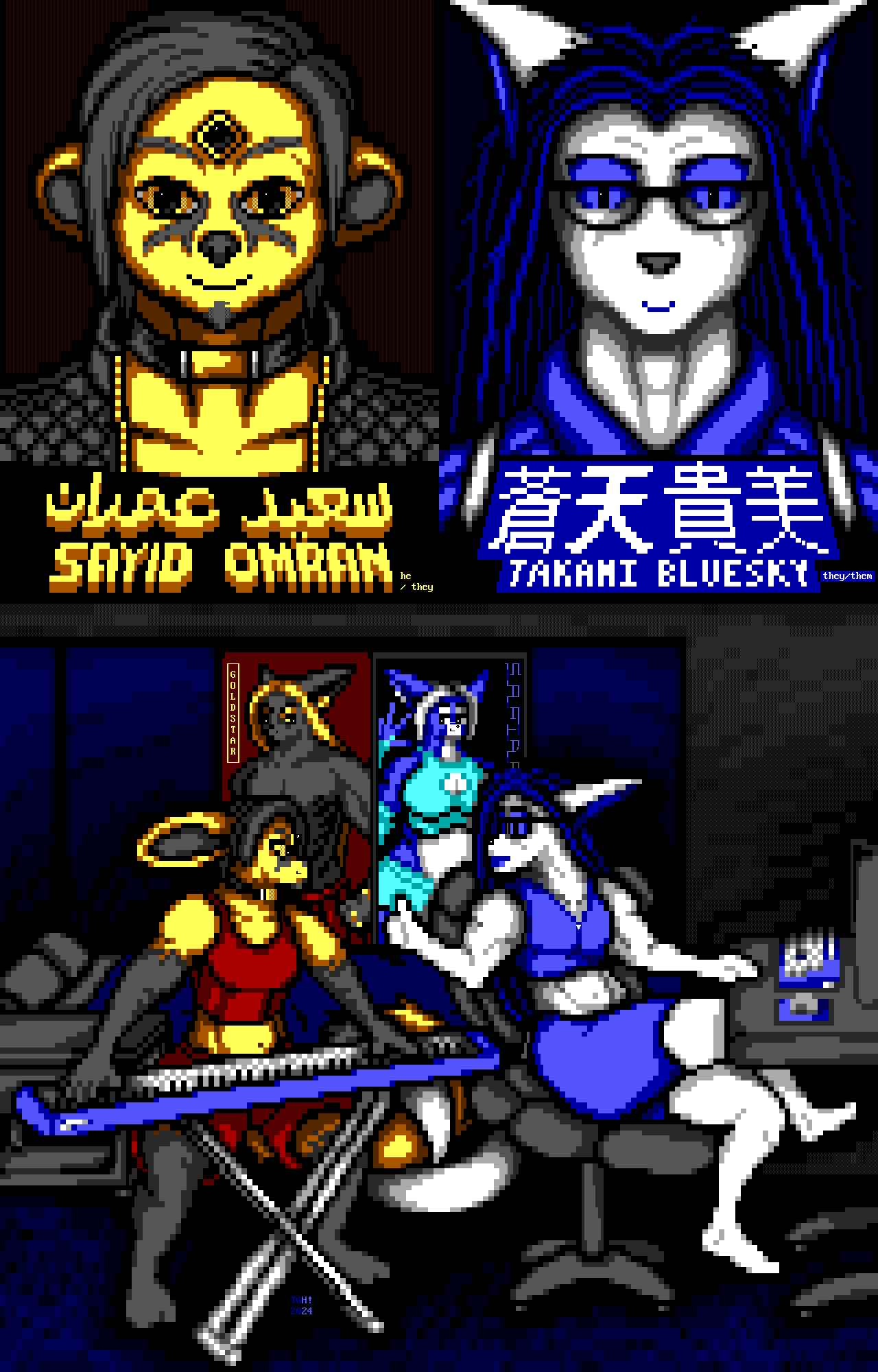 In an apartment bedroom, a short, muscular male fennec fox in a crop top and baggy shorts with a gem in his forehead plays a keyboard for a short, lean and masculine fennec fox with long hair, glasses and a zip-up crop-top who is sitting at a computer desk and giving him a thumbs up. Both foxes have entwined their tails. On the wall to the side of the bed are posters depicting their deejay personas who are, respectively: Goldstar, an idealized male fennec fox with long hair, gold rings, an extremely muscular body and a kilt; and Safira, an idealized female fennec fox with a thick, curvy body and tight-fitting clothes exposing her cleavage, belly and thighs. Above this image are close-up portraits which identify the fox with the forehead gem as "Sayid Omran", he/they, and the fox with the glasses as "Takami Bluesky", they/them.